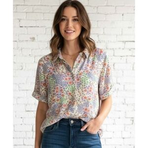 Rachel Zoe Short Sleeve Floral Blouse Cream Size L